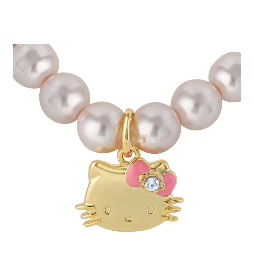 Sanrio Hello Kitty 18k Gold Plated Faux Pearls & Crystals Stretch Bracelet